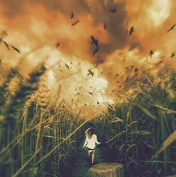 cornfield outside girl run birds clouds fog mist dust irccountrysidefun countrysidefun freetoedit