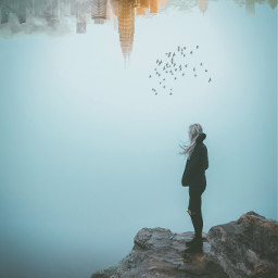 freetoedit outdoor girl blondehair daydreaming aesthetic skyline city mountain sky mystic