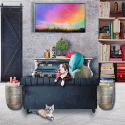 interior home livingroom furniture couch room floor freetoedit picsartstickers dog cat books realistic decorations myart madewithpicsart surrealism plrd