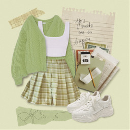 freetoedit green outfit aesthetic ootd school academia skirt cardigan paper plaid notebook fashion style croptop homework pinterest clothes clothing collage shoes cute preppy